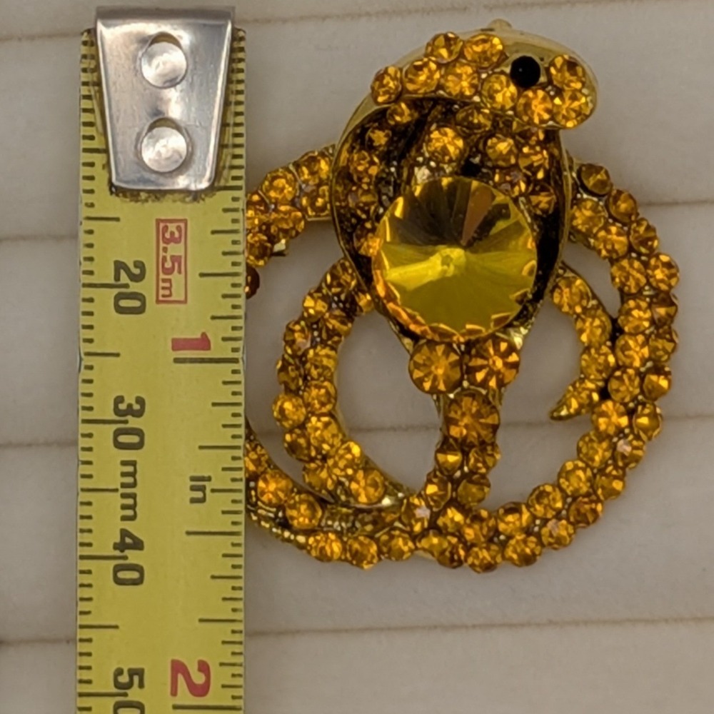 Cobra Snake Brooch Pendant Gold Tone Amber Rhinestone Statement Pin 1.75in - Picture 2 of 4
